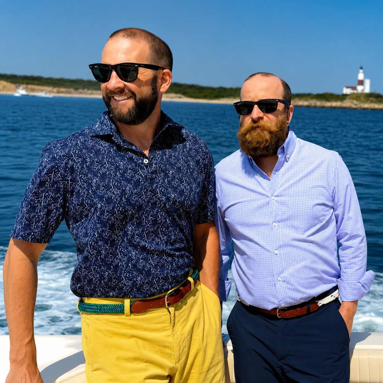 Two men standing on a boat with a lighthouse in the background