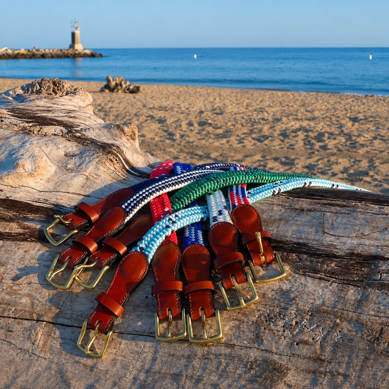 Colorful belts with leather straps and gold buckles on a beach with ocean and lighthouse in the background.