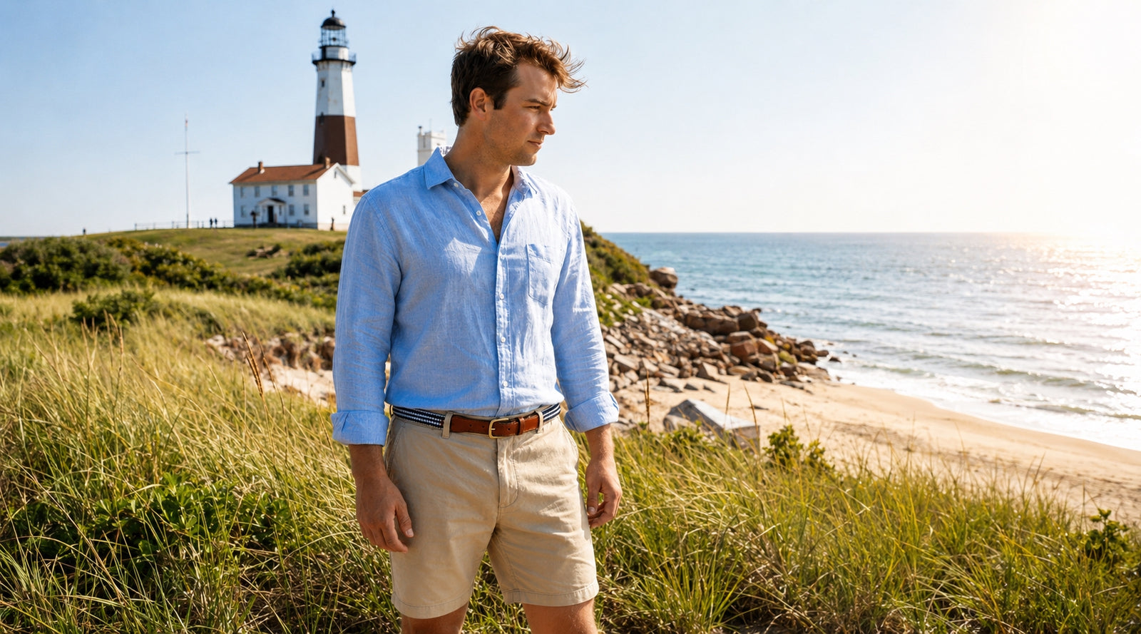 Man standing on a grassy hill overlooking a lighthouse and beach.