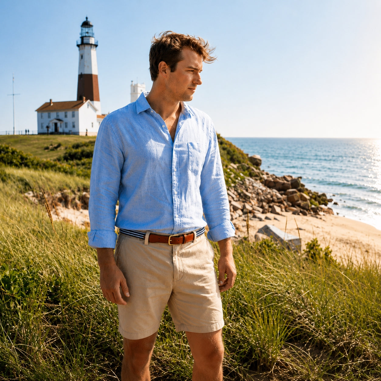 Man standing on a grassy hill with a lighthouse and ocean in the background