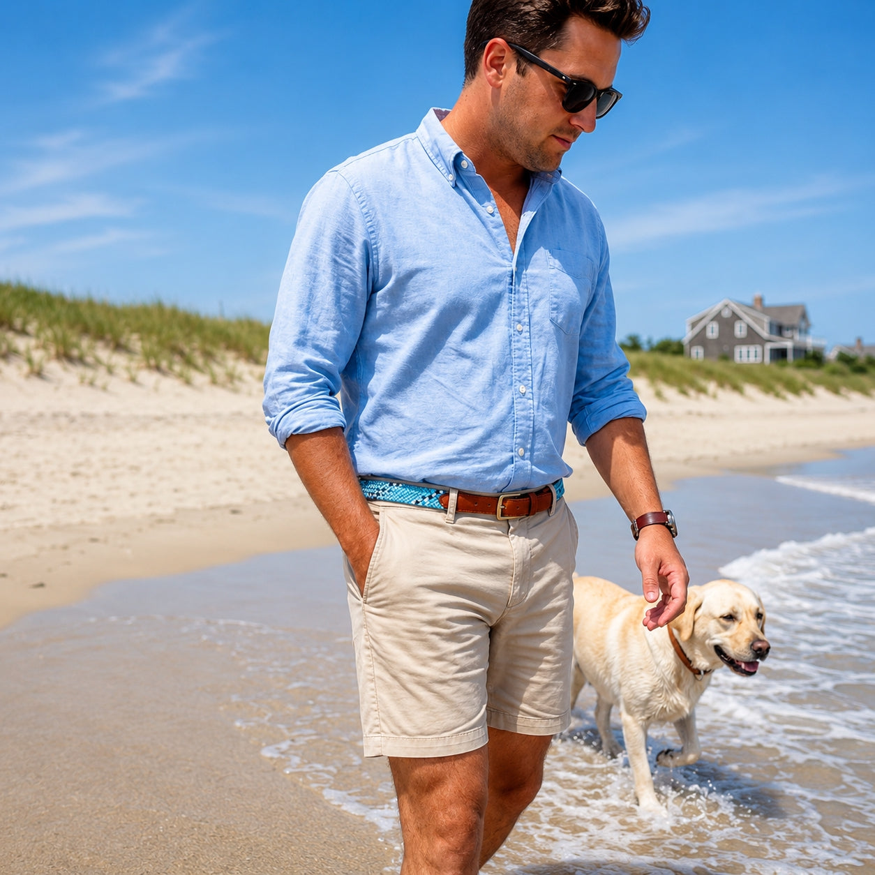 Man walking a dog on a sandy beach with a clear blue sky.